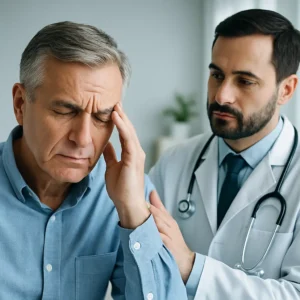 Patient homme en consultation avec un médecin homme, ambiance rassurante – illustration du soutien émotionnel face au cancer de la prostate.