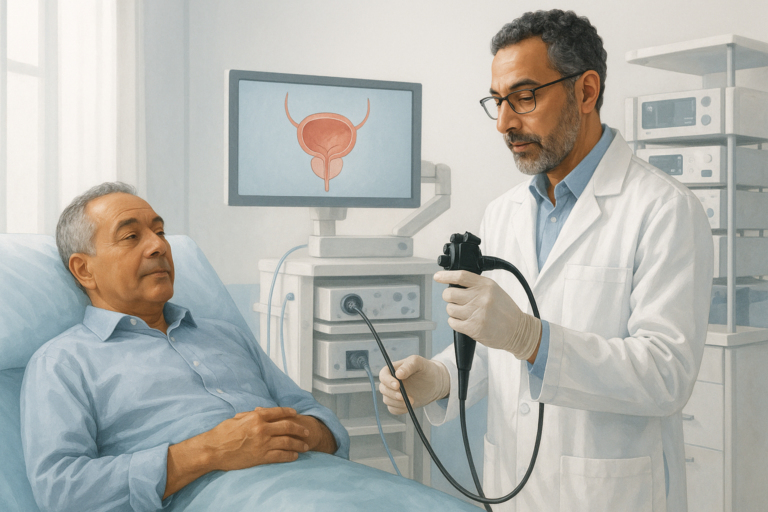 Urologue à Marrakech réalisant une cystoscopie avec un endoscope flexible au Cabinet d’Urologie Majorelle