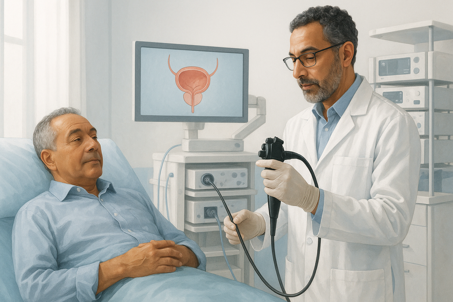Urologue à Marrakech réalisant une cystoscopie avec un endoscope flexible au Cabinet d’Urologie Majorelle