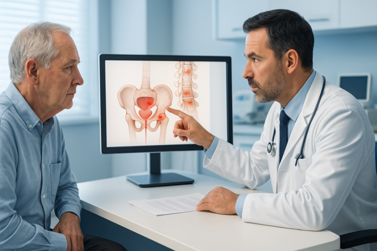 Urologue en blouse blanche expliquant à un patient de 60–70 ans les urgences du cancer de la prostate (métastases osseuses, compression médullaire, rétention urinaire) sur un écran, dans un cabinet moderne à Marrakech.