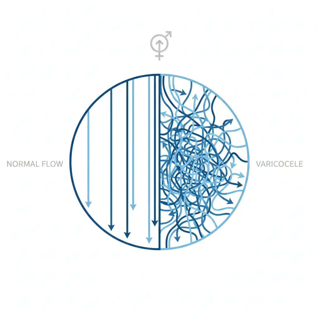 Schéma médical simplifié illustrant la varicocèle, montrant la dilatation des veines spermatiques de manière pédagogique et professionnelle.