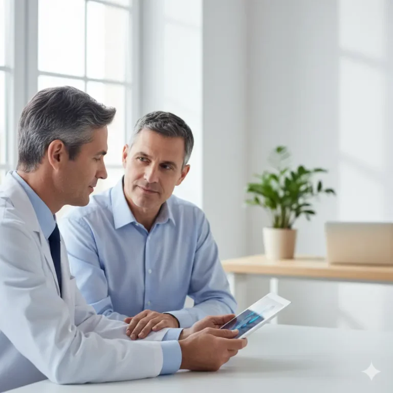 Photo réaliste d’un patient échangeant avec un médecin dans un cabinet moderne, illustrant l’importance de demander plusieurs avis médicaux en cas de cancer de la prostate.