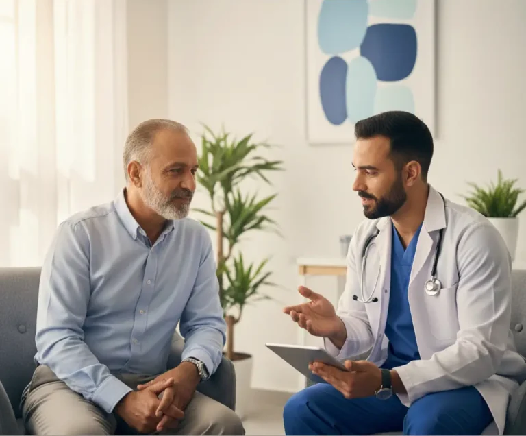 Photo réaliste d’un patient maghrébin discutant avec son médecin dans un cabinet moderne à Marrakech, illustrant la prévention et le suivi du cancer de la prostate.