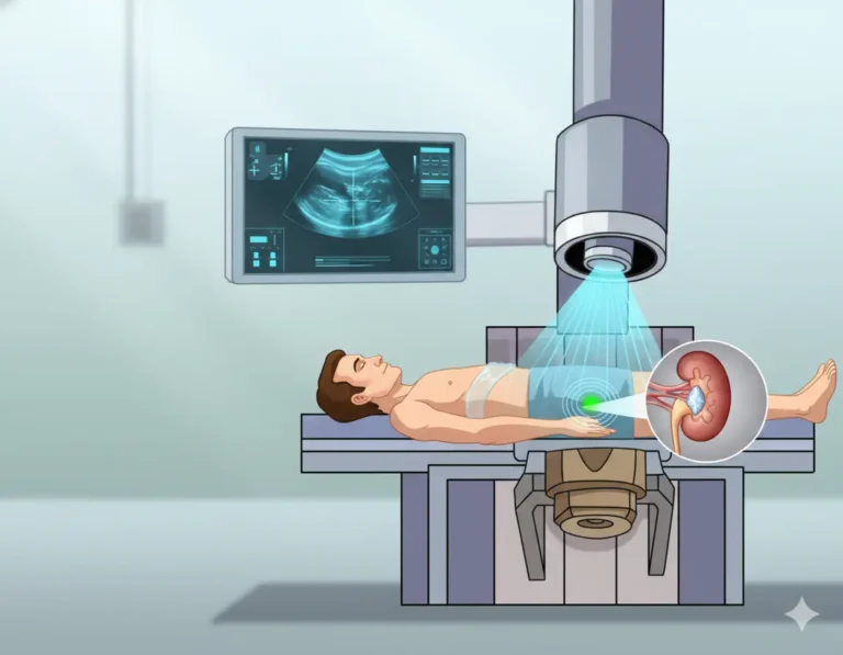 Visuel LEC à Marrakech : applicateur de lithotripsie ciblant un calcul rénal, patient détendu.