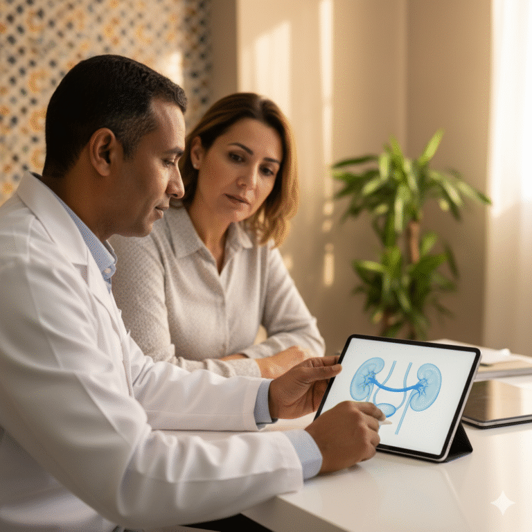 Urologue expliquant la pose d’une sonde double J à un patient au Cabinet d’Urologie Majorelle à Marrakech