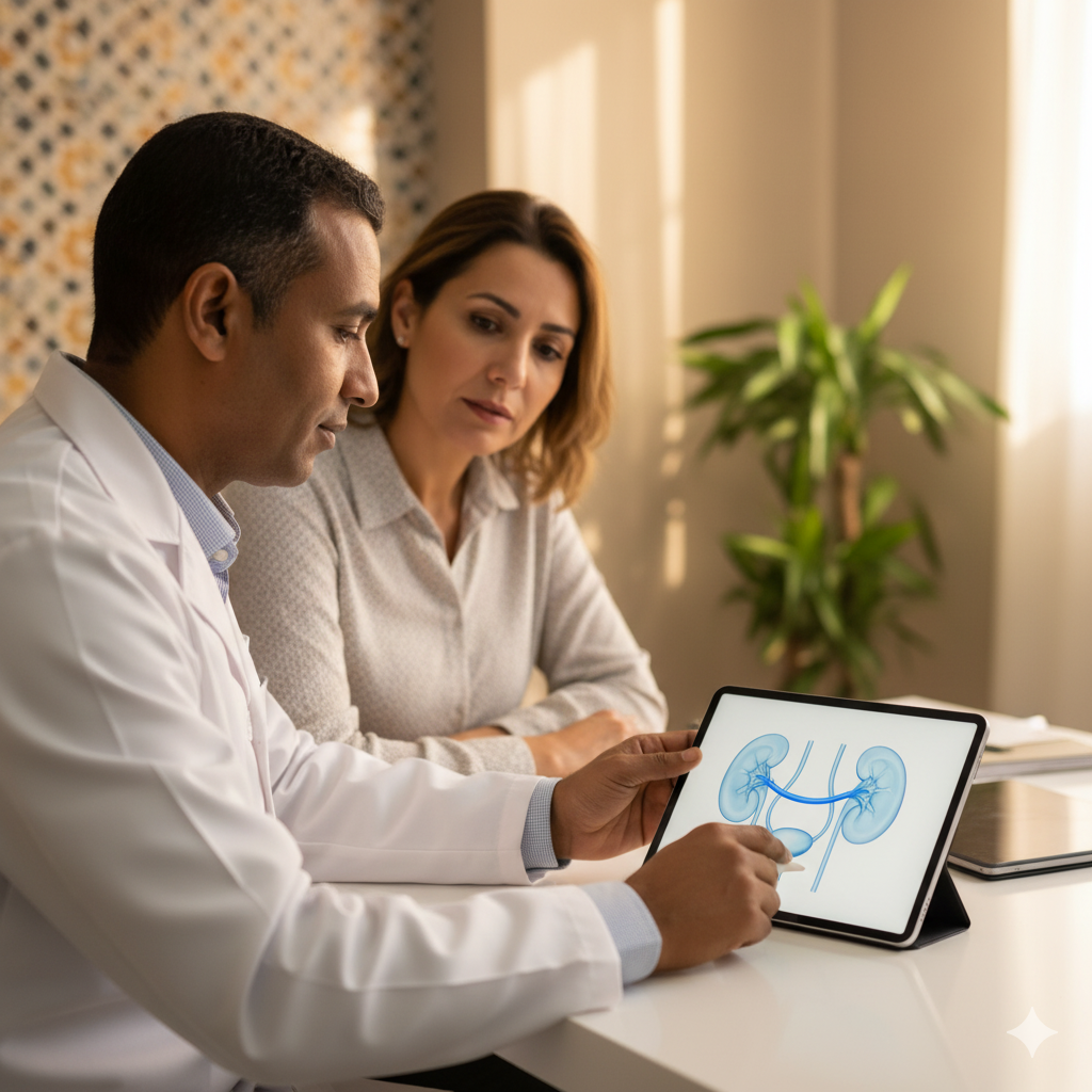 Urologue expliquant la pose d’une sonde double J à un patient au Cabinet d’Urologie Majorelle à Marrakech