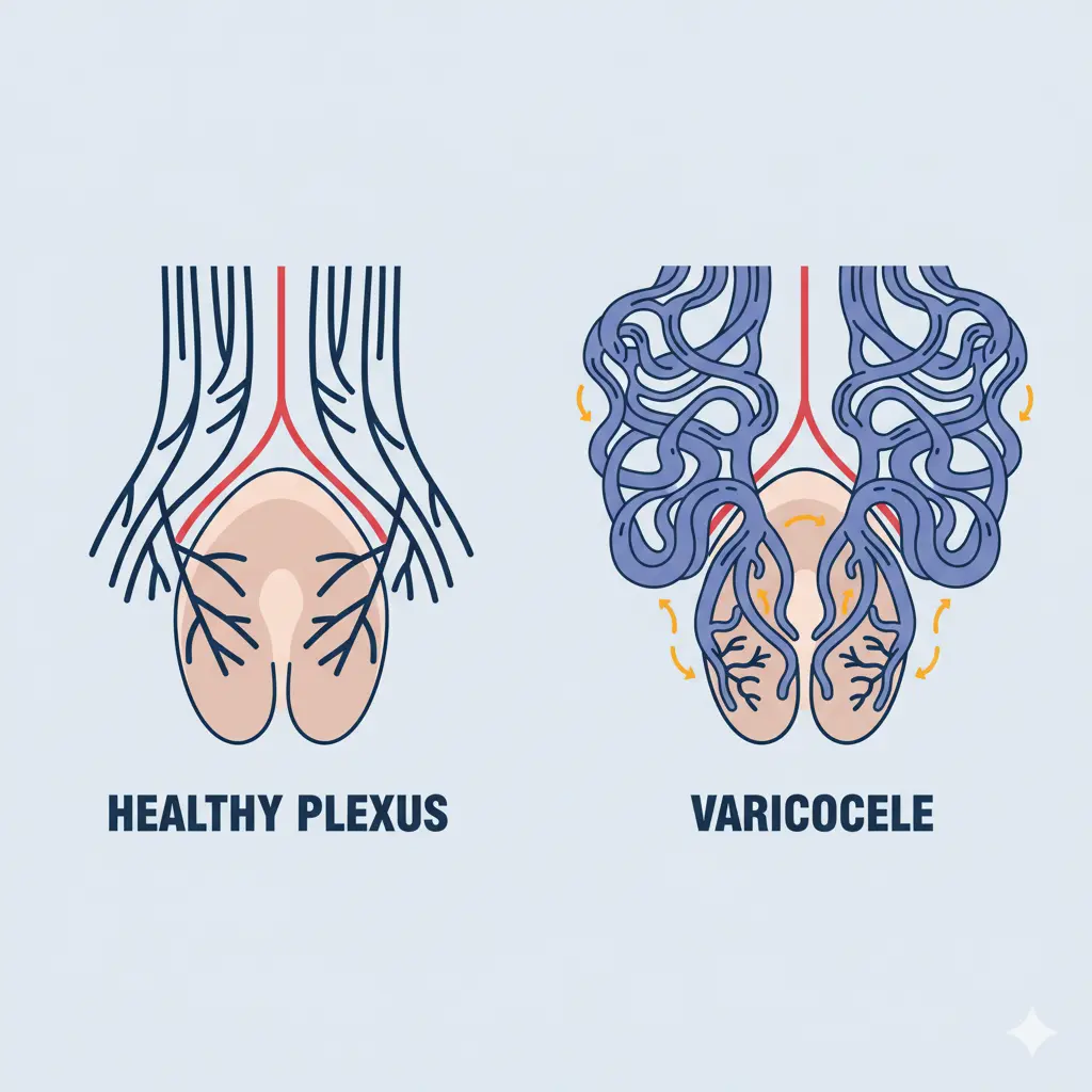 رسم طبي يوضح توسع أوردة الضفيرة المحلاقية (دوالي الخصية) مع نهج علاجي ميكروجراحي في مراكش