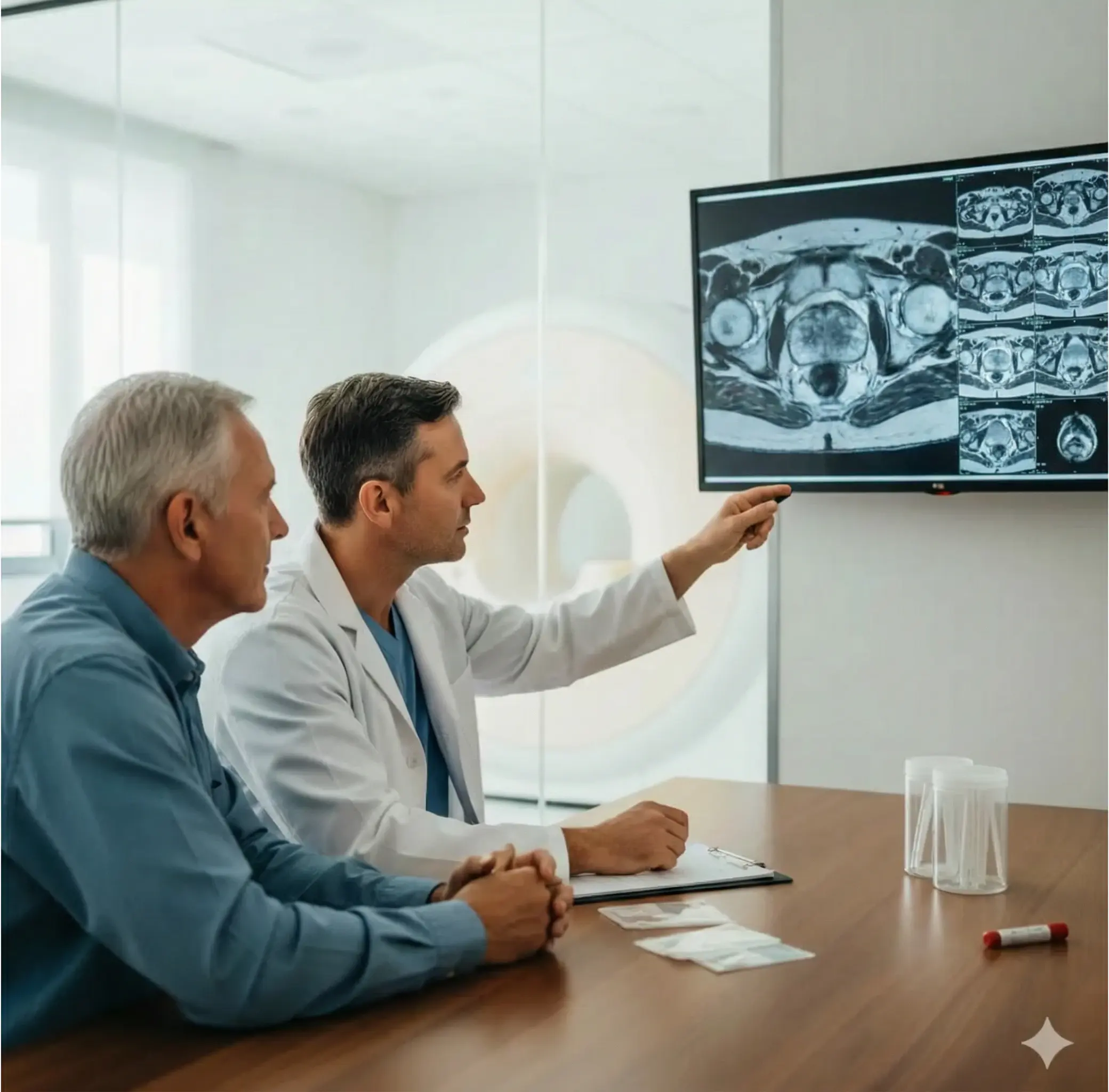 Médecin urologue montrant des coupes IRM de la prostate à un patient, ambiance calme et professionnelle.