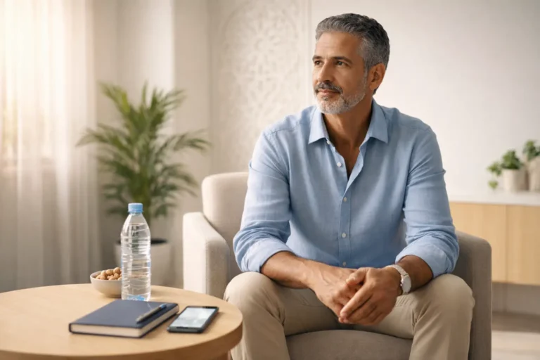 Visuel réaliste illustrant le suivi et l’hygiène de vie liés à l’andropause et au vieillissement hormonal chez l’homme