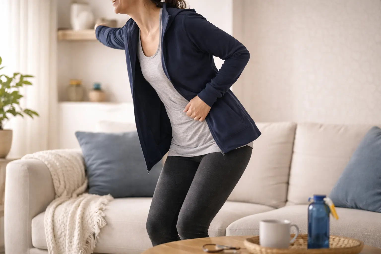 Femme adulte illustrant une fuite urinaire d’effort dans un intérieur lumineux à Marrakech – prise en charge en urologie féminine