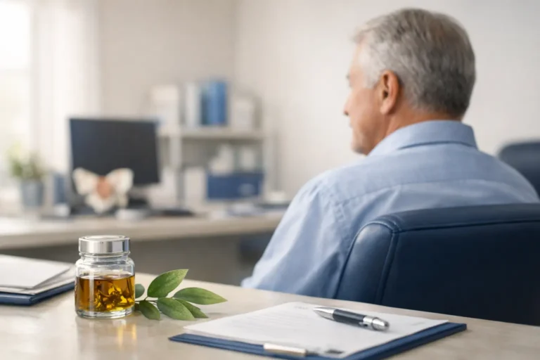 Homme en consultation urologique pour adénome de la prostate avec approche thérapeutique incluant la phytothérapie