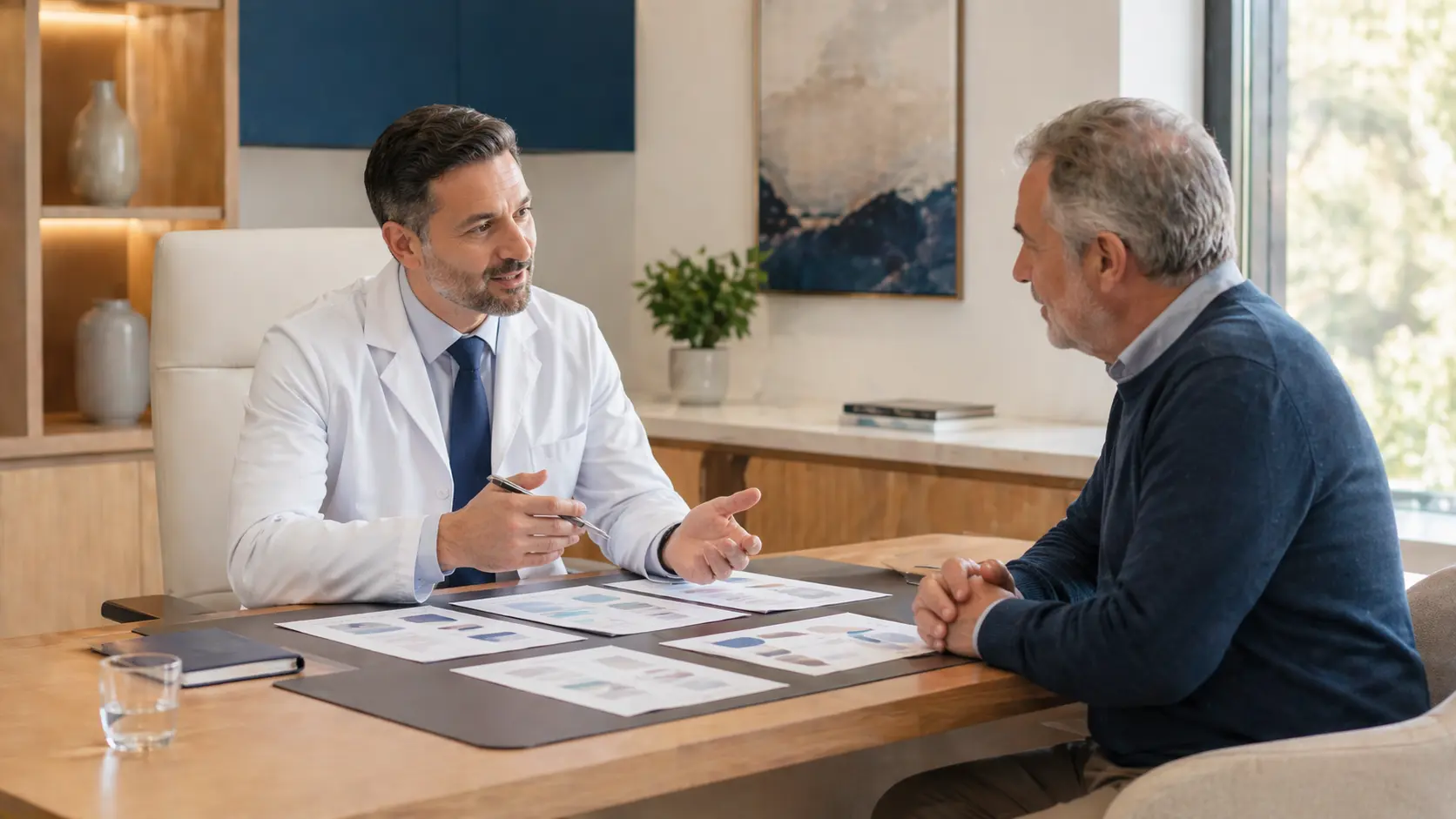 Urologue expliquant les options de traitement d’un cancer de la prostate à un patient à Marrakech