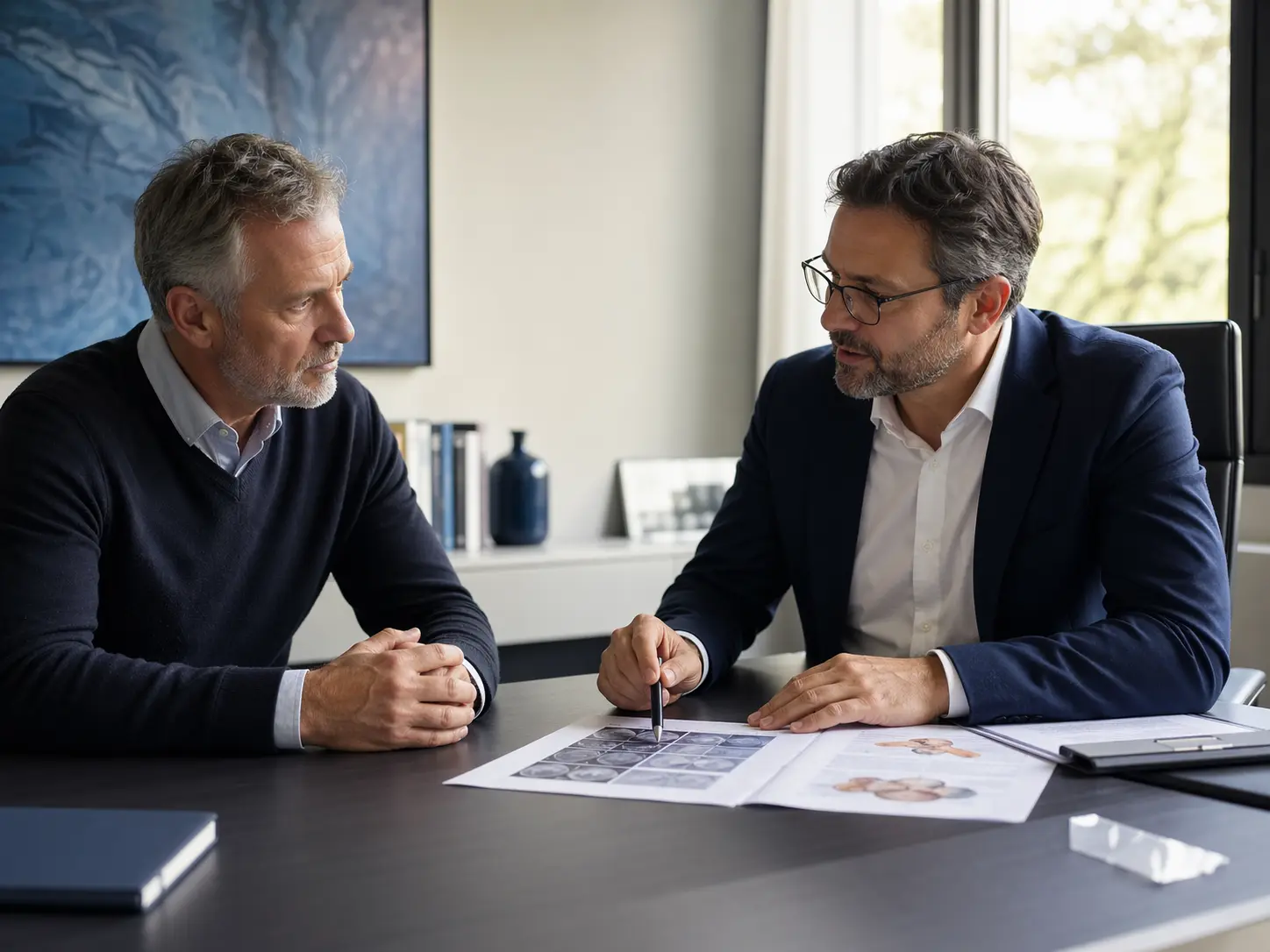 Urologue expliquant un résultat de biopsie de prostate à un patient en consultation à Marrakech