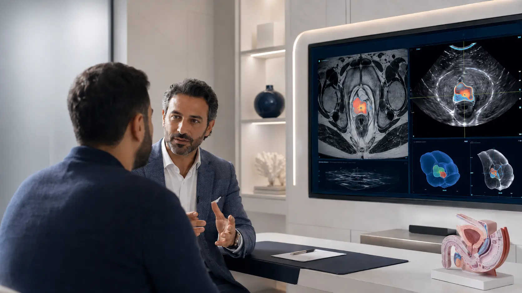 Consultation en urologie avec visualisation de biopsie ciblée de la prostate par fusion IRM et échographie