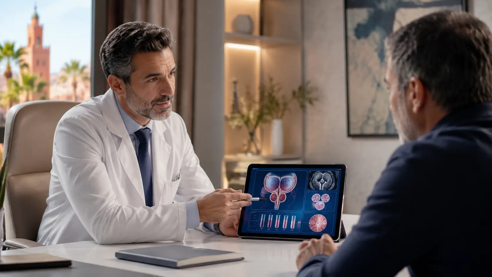 Consultation en urologie autour de la prostate dans un cabinet médical premium à Marrakech