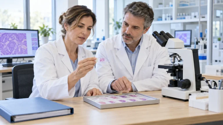 Deux anatomopathologistes examinent une lame de biopsie à côté d’un microscope dans un laboratoire.