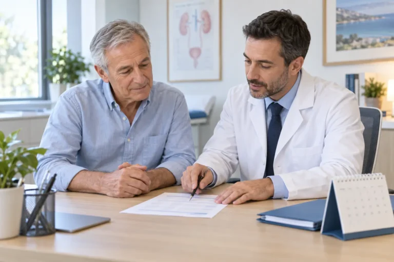 Un urologue et un patient examinent ensemble des résultats d’analyse lors d’une consultation de suivi.